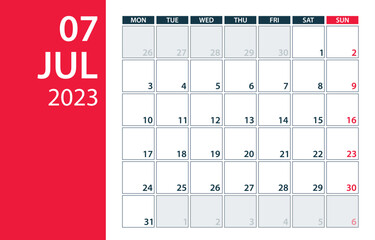 July 2023 Calendar Planner - Vector. Template Mock up