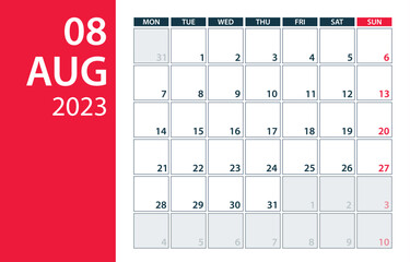 August 2023 Calendar Planner - Vector. Template Mock up