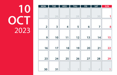 October 2023 Calendar Planner - Vector. Template Mock up