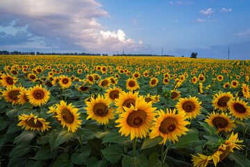 Panorama Landscape Of Sunflower fields And blue Sky clouds Background.