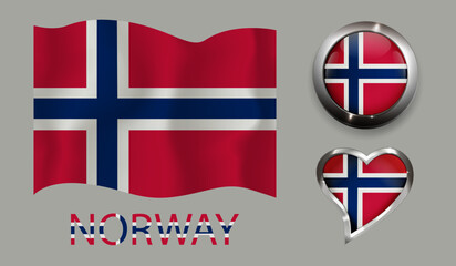 set nation Norway flag glossy button heart  