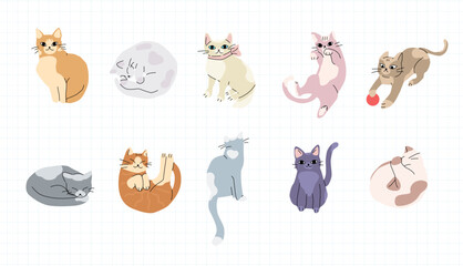 Set of trendy cats for decoration. Playing, sleeping, sitting cats.