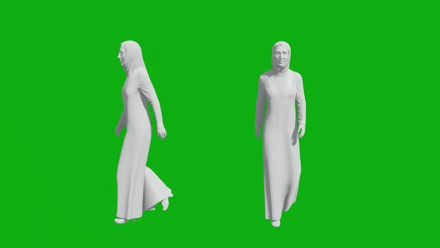 3D Middle Aged Woman On Green Screen Walking Down The Street With Two Different Views Without Color And Material