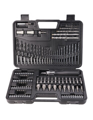 Black box with a tool with drills, heads isolated on a white background.