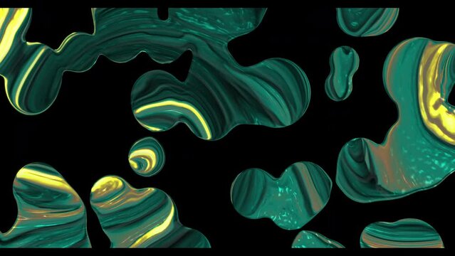 Abstract green drops liquid motion video background, slow flow of metallic texture, coloured water dissolving, movement of fluid material, blurry backdrop for business with turquoise accent