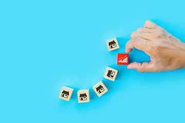 Franchise or franchising, Hand choose cube wooden toy block stack with graph and franchises...