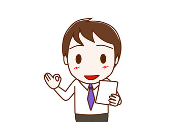 （上半身正面）書類を見て笑顔でバッチリの手をする男性