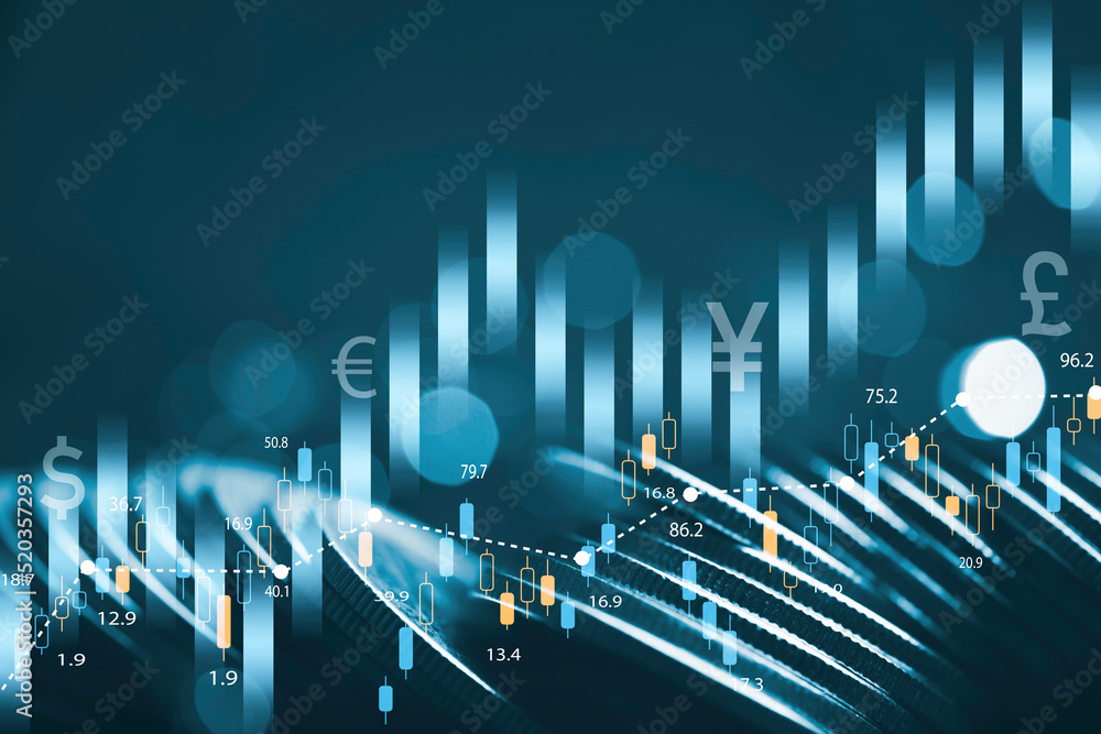 Poster coins stacking with stock market graph chart and bokeh for business investment analysis to get divid
