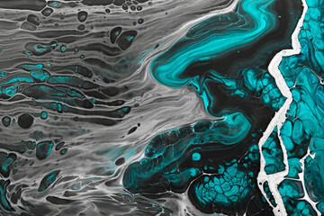 Fluid Art acrylic paints. Abstract mixing gray waves and green bubbles. Liquid flows splashes. Marble effect background or texture