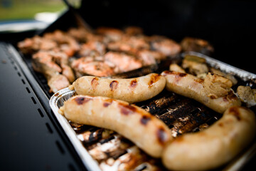 selective focus on sausages with grilled strips