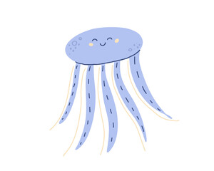 Cute smiling jellyfish or medusa in Scandinavian style. Happy funny sea, ocean dwaller, underwater creature character. Kids cartoon vector illustration isolated on white background