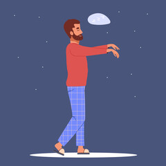 Young man in pajama sleepwalking at night. Somnambulist walking in his dream with raised hands. Somnambulism concept. Flat vector illustration isolated on blue background