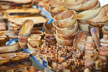 Olive tree dishes on farmer market in Cucuron, Provence, France