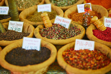 Different spices on a farmer market in Cucuron, Provence, France