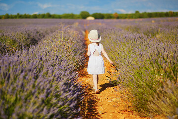 Adorable little girl in white dress and straw hat walking through rows of lavender near Valensole, Provence, France