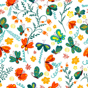 Cute background butterflies and flowers seamless pattern. Vector illustration. Summer floral repeat background for fabrics or wallpapers.