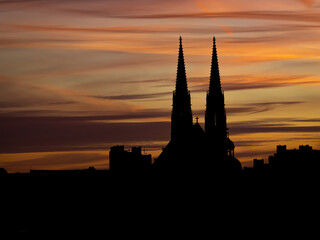 Sunset and the towers of the Peterskirche church in Görlitz