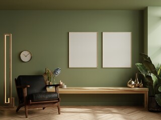 Mockup two frame on wall dark green with leather armchair.