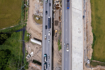 aerial view of highway with car, road top view, transportation