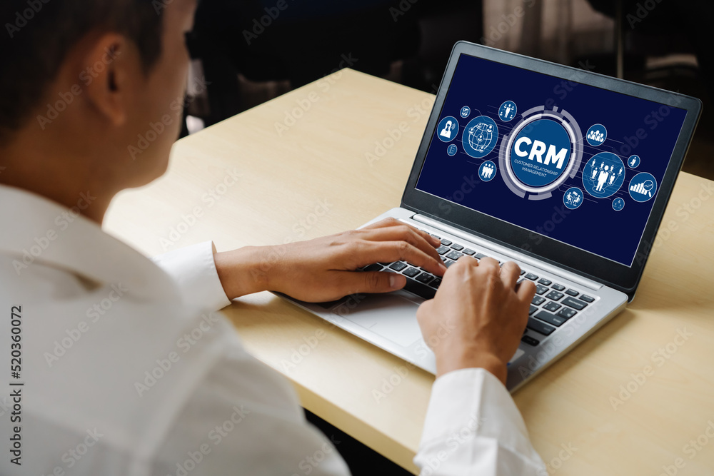 Poster customer relationship management system on modish computer for crm business and enterprise