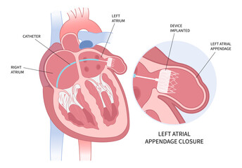 Left arterial appendage closure device implant to heart for treatment atrial fibrillation - obrazy, fototapety, plakaty