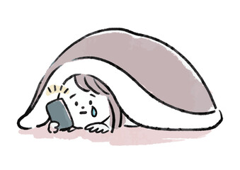布団に引きこもりスマホを見る女性　イラスト