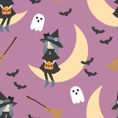 Materiał do szycia Cute Witch Sit on the Moon Seamless Pattern