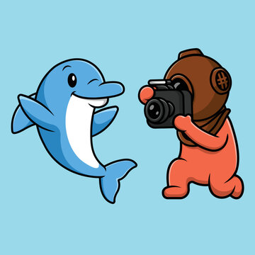 Cute Diver Capture Dolphin Cartoon Vector Icon Illustration. Science Nature Flat Cartoon Concept