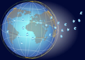 Wireframe on globe and money sign, business and technology background.