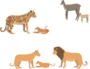 mother lion, father lion and baby lion, mother tiger and cub, llama and cub