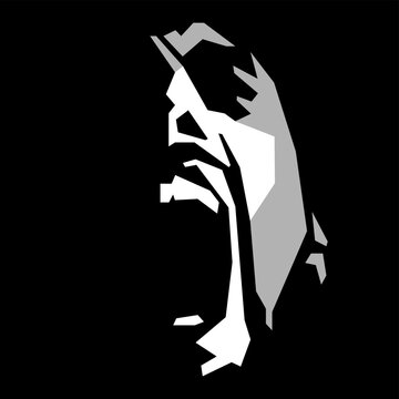 vector black and white light and shadow image. silhouette of a man's face that screams in despair shaped by a shadow isolated on a black background. depression, mental health, emotion problem, PTSD.