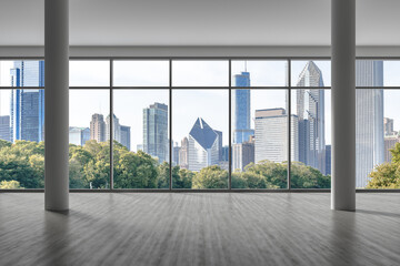 Downtown Chicago City Skyline Buildings from High Rise Window. Beautiful Expensive Real Estate overlooking. Epmty room Interior Skyscrapers View in Penthouse Cityscape. Day time. 3d rendering.