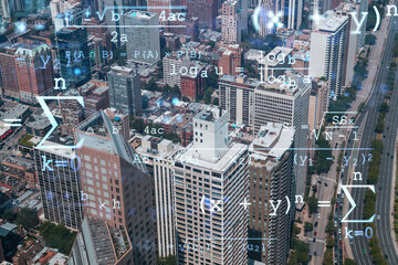 Obraz premium Aerial panoramic city view, Chicago downtown area, day time, Illinois, USA. Birds eye view, skyscrapers, skyline. Education concept. Academic research, top ranking universities, hologram