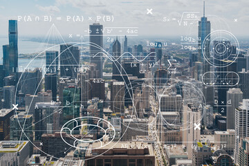 Naklejka premium Aerial city panorama, Chicago downtown area and Lake, day time, Illinois, USA. Birds eye view, skyscrapers, financial district. Education concept. Academic research, top ranking universities, hologram