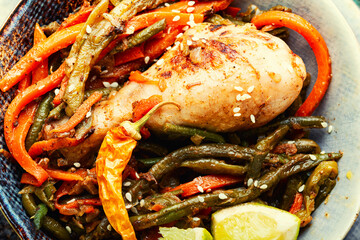 Fried spicy chicken legs, close up