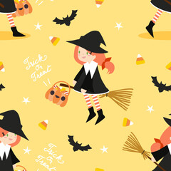 Cute Witch in Halloween Seamless Pattern