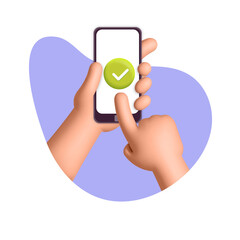 3d vector  hands holding cell with green check mark mobile app on violet abstract shape design illustration