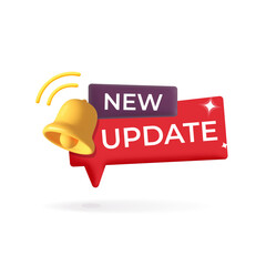 New upgrade red label tag with yellow bell reminder notification 3d vector design concept. Business and customer service, online shop, help, new offer,  announcement, customer information, shopping