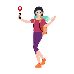 Young happy woman tourist flat cartoon character. Traveling people on summer vacation trip, Isolated on white background.