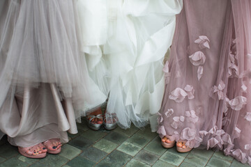 Bride and bridesmaids stand in a row