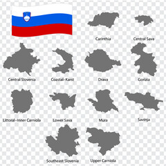 Eight Maps  Regions of Slovenia - alphabetical order with name. Every single map of Region  are listed and isolated with wordings and titles. Slovenia. EPS 10.
