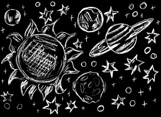 Cosmic landscape with white planets and stars on a black background	