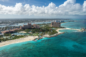 The drone aerial view of Paradise Island with Nassau city on the background, Bahamas.