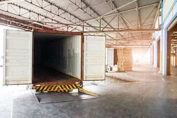 Empty heavy container truck parked or docked at warehouse loading area. Postal and logistic business industry concept.