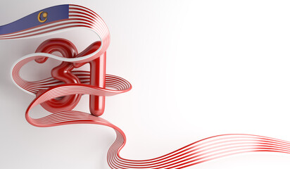 Obraz premium Malaysia independence day decoration background with 31 balloon number, ribbon waving flag, confetti, copy space text, 3D rendering illustration