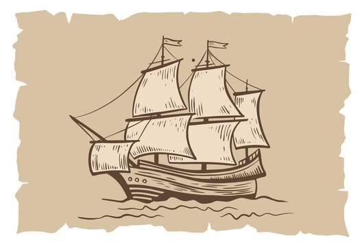 Old vintage sailboat. Hand drawn vector sketch