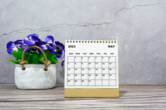 May 2023 desk calendar on wooden desk with potted plant.