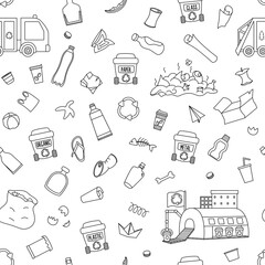 Waste recycling and sorting black and white seamless pattern. Vector ecological repeat background for kids. Earth day coloring page with rubbish bins, plastic, glass, organic, paper garbage.