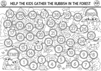 Ecological black and white dice board game for children with kids gathering rubbish in forest. Earth day line boardgame.  Waste recycling printable coloring page. Eco awareness or zero waste activity
