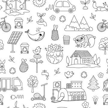 Vector black and white ecological seamless pattern for kids. Earth day repeat background with cute children, planet, waste recycling concept. Environment friendly digital paper, coloring page.